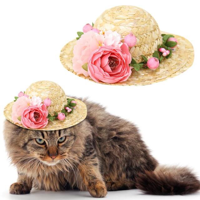 Adorable Cat Straw Hat – Sun-Protective & Adjustable Pet Accessory