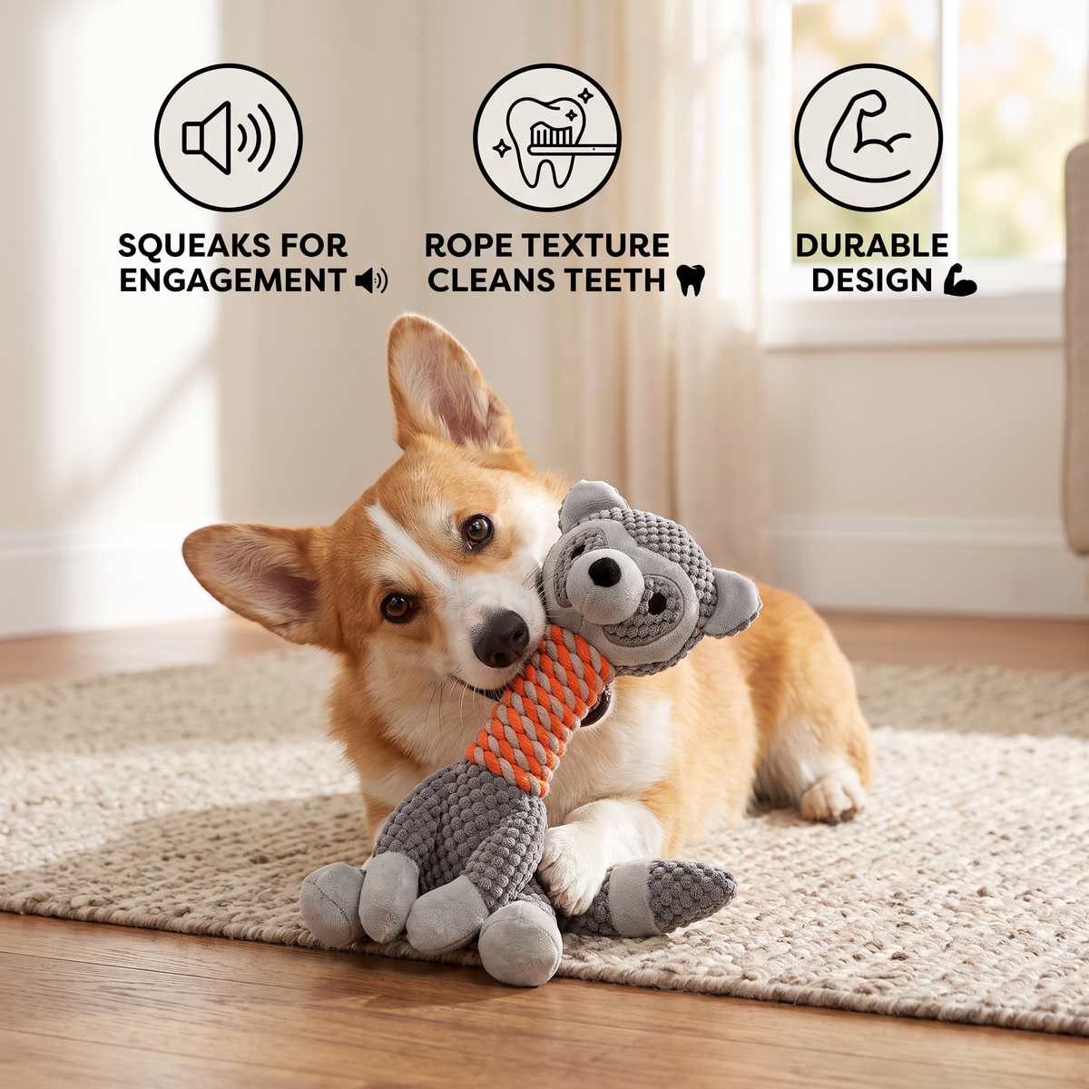 Durable Animal-Shaped Plush Rope Dog Toy with Squeaker & Teeth-Cleaning Action