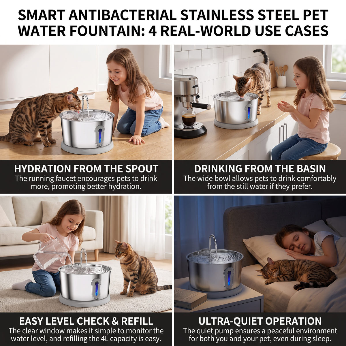 Smart Antibacterial Stainless Steel Pet Water Fountain — 4L Ultra-Quiet for Cats & Dogs