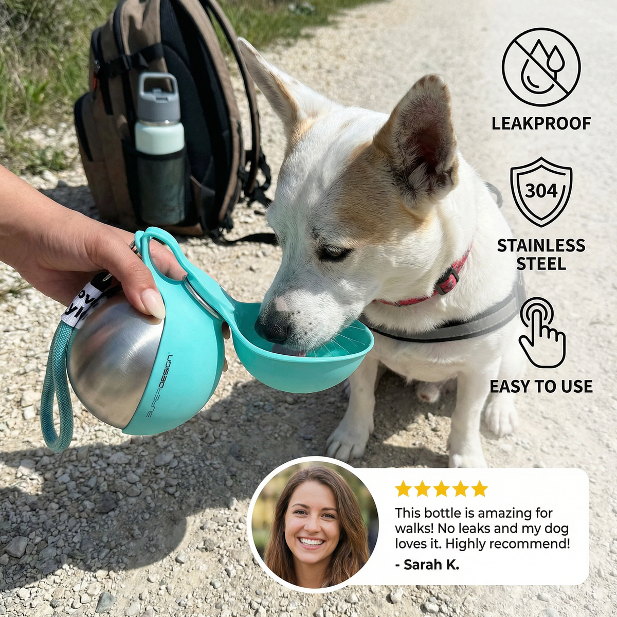 2-in-1 Dog Travel Water Bottle – Leakproof Stainless Steel Bottle with Collapsible Silicone Bowl