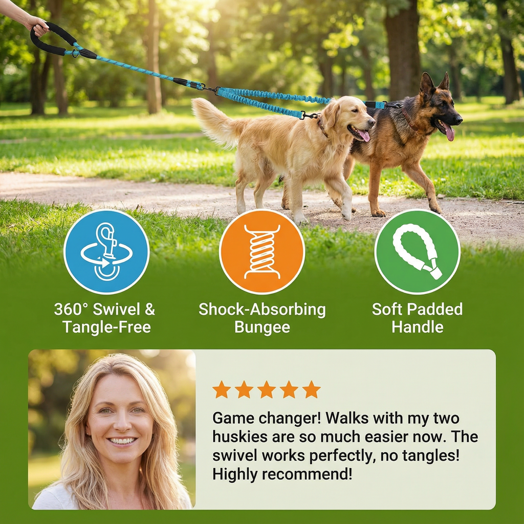 2-in-1 Double Dog Leash with 360° Swivel — Tangle-Free & Shock-Absorbing