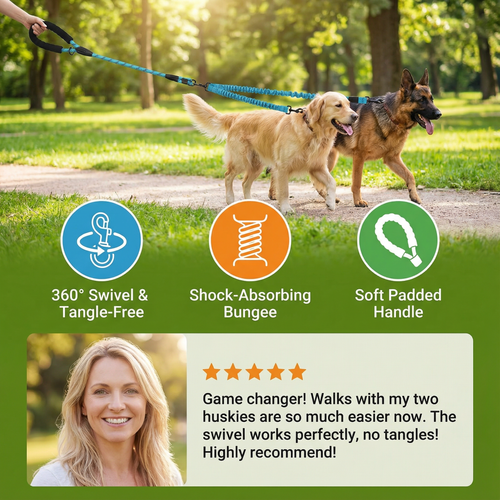 2-in-1 Double Dog Leash with 360° Swivel — Tangle-Free & Shock-Absorbing