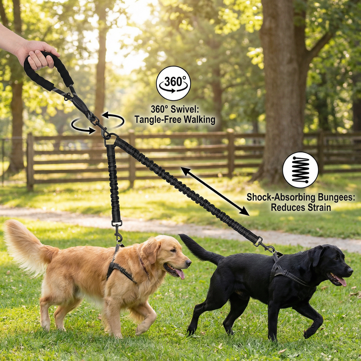 2-in-1 Double Dog Leash with 360° Swivel — Tangle-Free & Shock-Absorbing